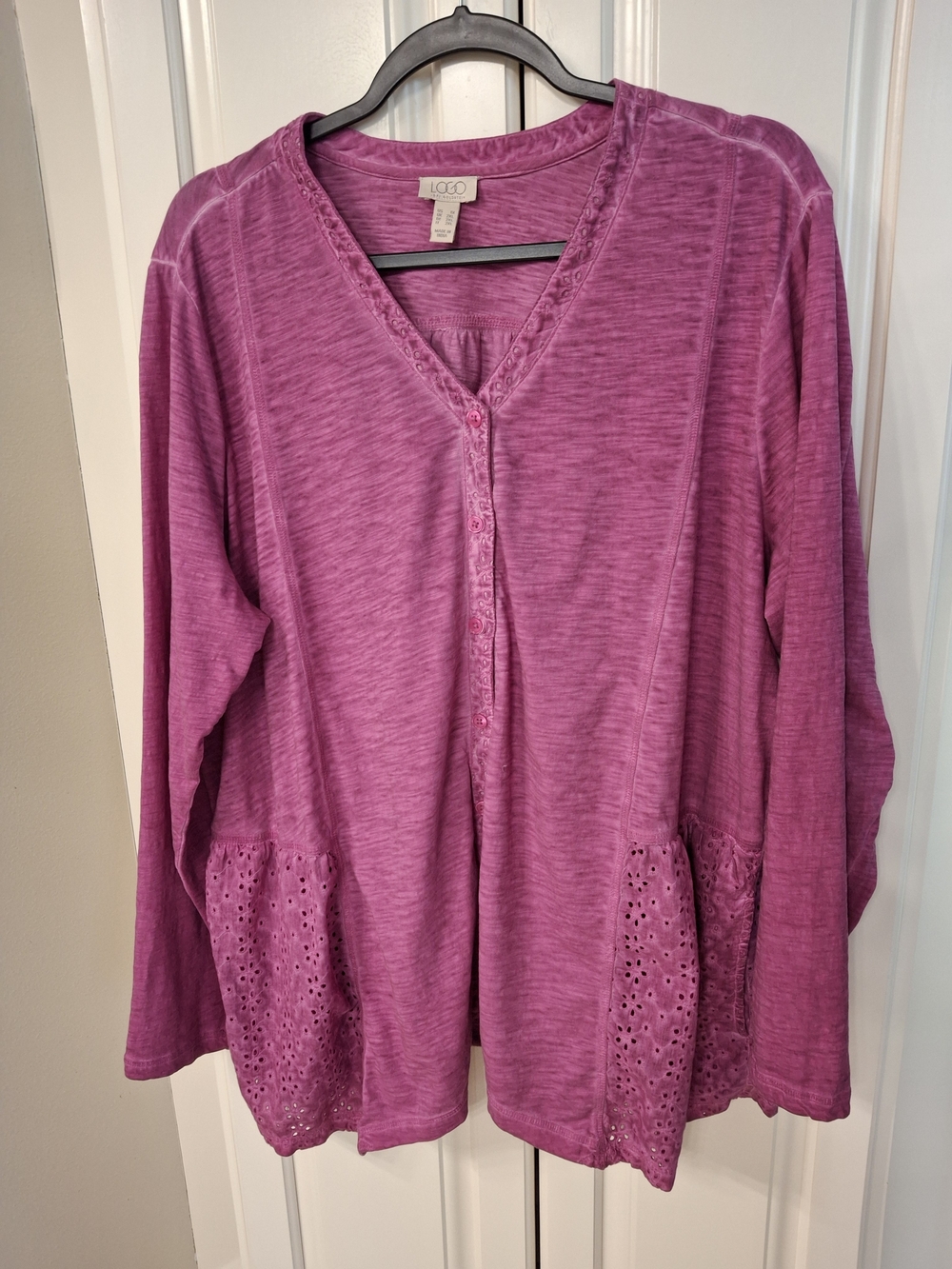 LOGO by Lori Goldstein Raspberry Pink Long-Sleeve V-Neck Top